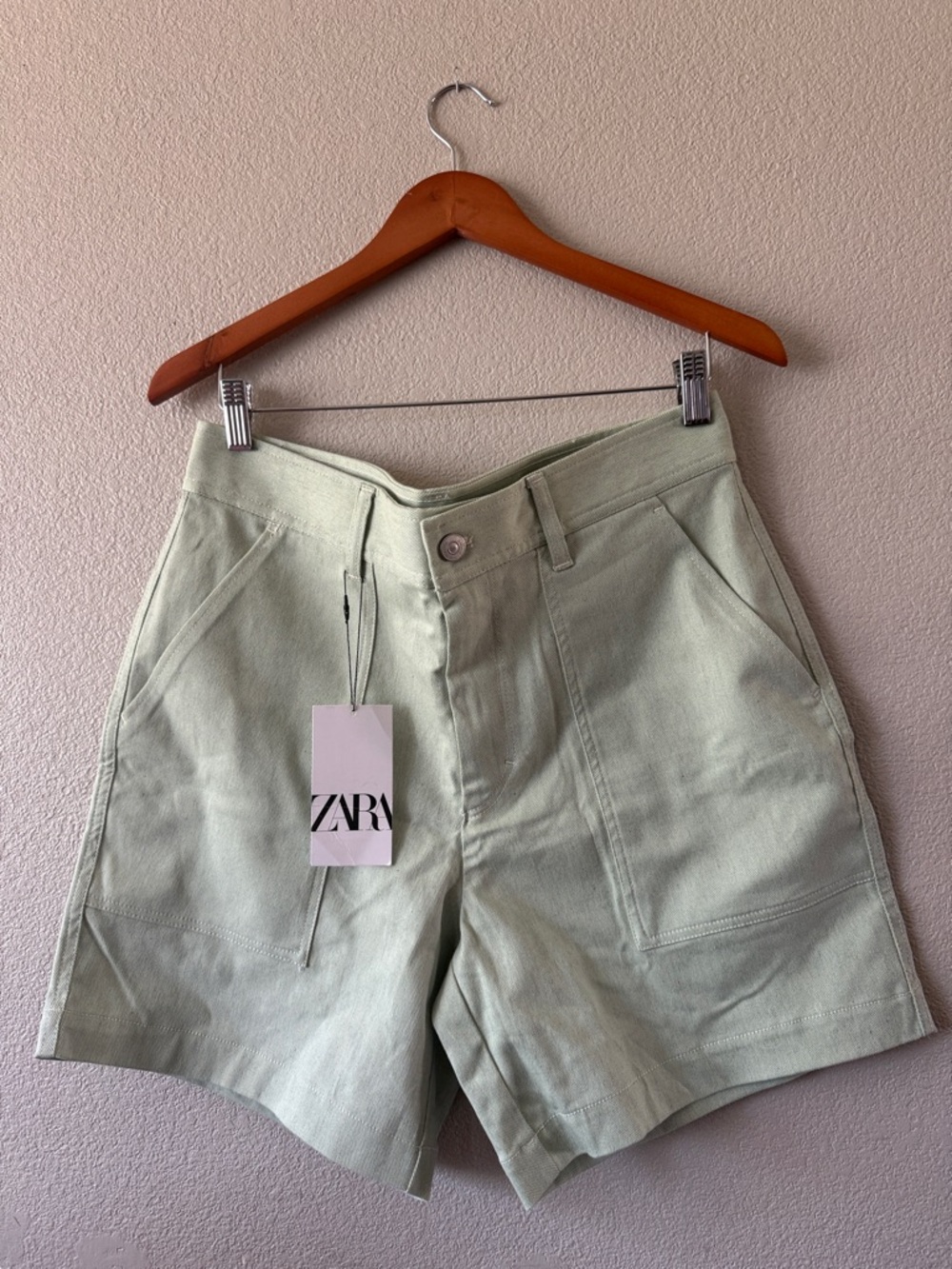 Zara Sage Green High-Rise Utility Bermuda Shorts
